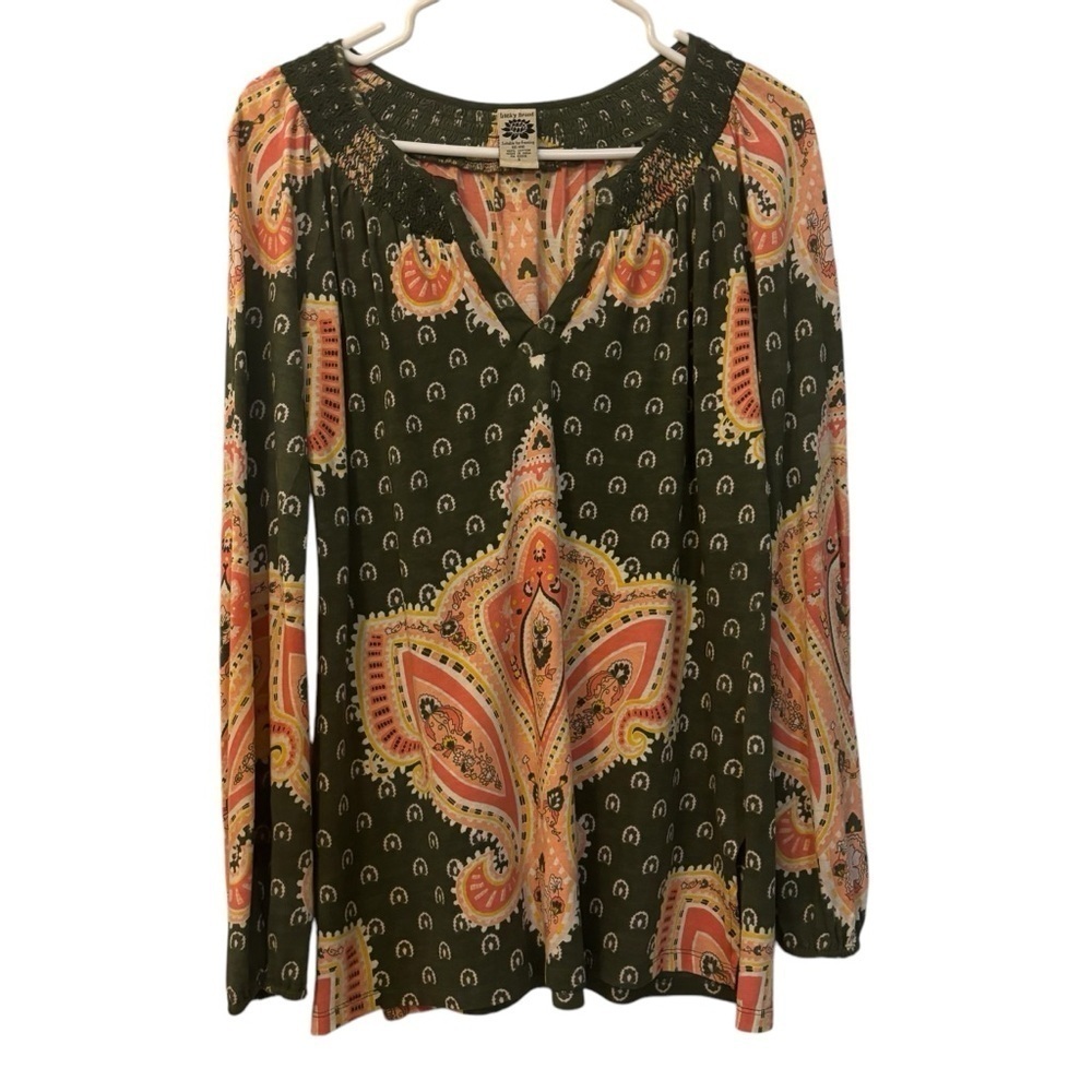 Lucky Brand Vintage Green Paisley Long Sleeve Bohemian Tunic Blouse Top Small